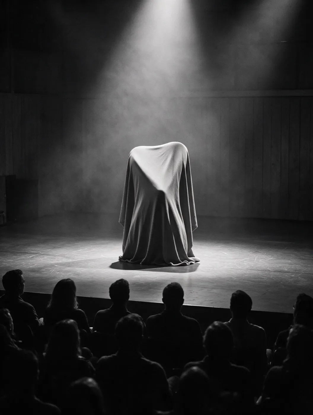 A covered product on stage under a spotlight before the reveal